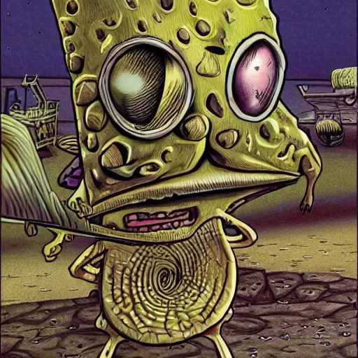 Image similar to detailed realistic illustration of spongebob, in the style of h r giger and moebius and wayne barlowe