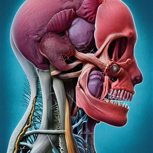 Image similar to nightmare etherreal iridescent vascular nerve bundles pearlescent spinal chord horror by Naoto Hattori, Zdzislaw, Norman Rockwell, Studio Ghibli, Anatomical cutaway