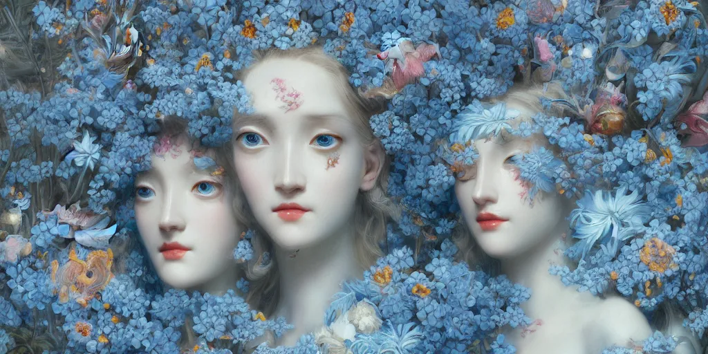 Image similar to breathtaking detailed concept art painting art deco pattern of blonde faces goddesses amalmation light - blue flowers with anxious piercing eyes and blend of flowers and birds, by hsiao - ron cheng and john james audubon, bizarre compositions, exquisite detail, extremely moody lighting, 8 k