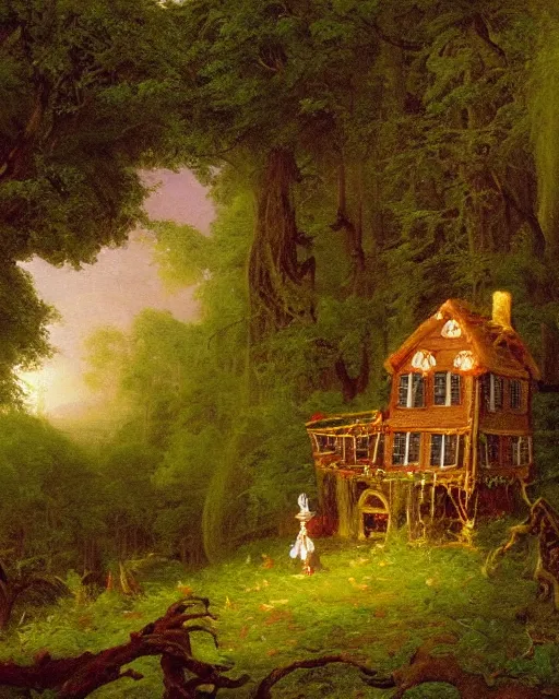 Prompt: an oil painting of a candy - covered gingerbread witch's house in the forest, by thomas cole, ivan shiskin, and james gurney