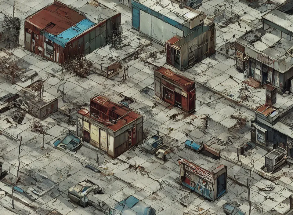 Image similar to Screenshot of the outside of an abandoned rusty Radio Shack in Fallout 2 (1998), isometric perspective, postapocalyptic, bird's eye view, prerendered isometric graphics, high quality