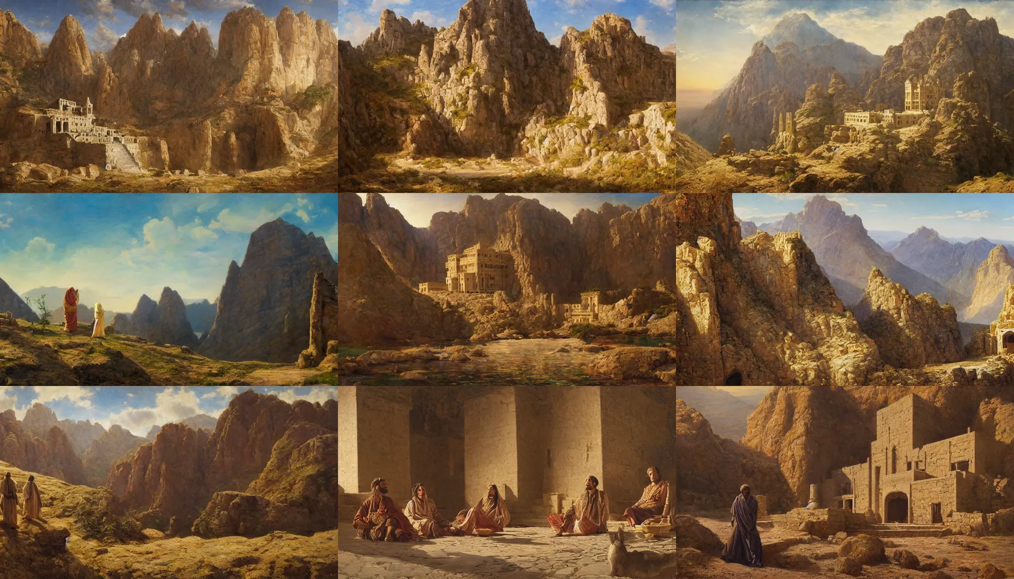 Prompt: a remote palace on an inaccessible mountain where the hashashin are convinced they will reach paradise, art by edwin longsden long and theodore ralli and nasreddine dinet and adam styka. masterful intricate art. oil on canvas, excellent lighting, high detail 8 k