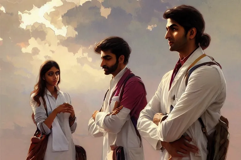 Image similar to Anxious good looking pale young Indian doctors wearing American clothes at the airport, portrait, elegant, intricate, digital painting, artstation, concept art, smooth, sharp focus, illustration, art by artgerm and greg rutkowski and alphonse mucha