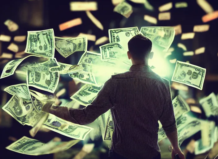 Image similar to a 3 5 mm photo from the back of a man walking through dollar bills flying through the air, splash art, movie still, bokeh, canon 5 0 mm, cinematic lighting, dramatic, film, photography, golden hour, depth of field, award - winning, anamorphic lens flare, 8 k, hyper detailed, 3 5 mm film grain