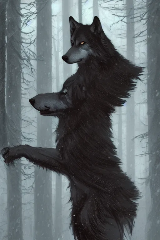 Image similar to full figure beautiful young fit antrophomorphic male wolf, bared teeth and long claws, dark scene, by greg rutkowski and alphonse mucha, d & d character, gradient black to silver, in a snow covered forest at night, highly detailed portrait, digital painting, artstation, concept art, smooth, sharp focus illustration, artstation hq