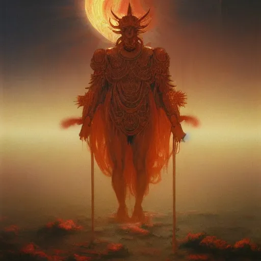 Image similar to painting of a sun god in golden ancient helios armor floating in the red sky, by beksinski, ruan jia, wayne barlowe, adrian smith fantasy art, dark soul art, trending on artstation