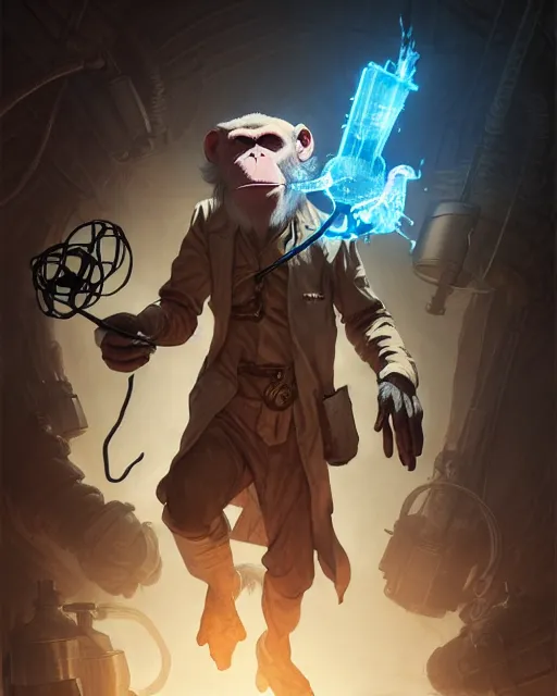 Image similar to Monkey Scientist, Experiment in Laboratory, clothed, D&D, artstation, fantasy, magic the gathering artwork, cinematic lighting, centered, symmetrical, highly detailed, digital painting, , concept art, smooth, sharp focus, illustration, volumetric lighting, epic Composition, 8k, art by Akihiko Yoshida and Greg Rutkowski and Craig Mullins, oil painting, cgsociety