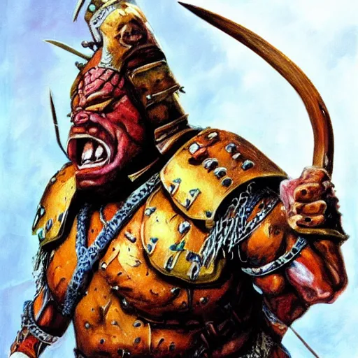 Image similar to ogre warrior wearing plated armor who is holding a battle axe in the style of warhammer fantasy : : head and torso oil painting