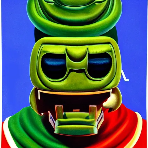 Image similar to beautiful lifelike painting of mf doom knowing what time it is like its time for teletubbies, hyperreal detailed facial features and uv lighting, art by ed roth and basil wolverton