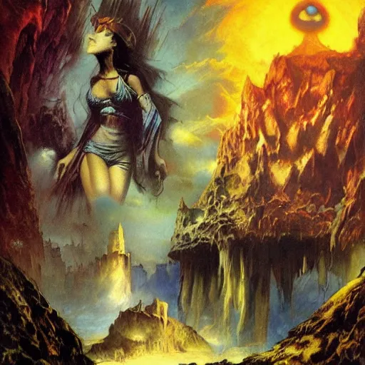 Image similar to princess of the dreamlands, cyclopean city, beautiful! coherent! by mariusz lewandowski, by frank frazetta, deep colors, strong lines, high contrast