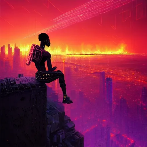 Prompt: a cyberpunk zulu warrior sitting on a cliff watching an enormous city burn!!! from a distance at night, fire!!, by alena aenami and android jones and greg rutkowski, Trending on artstation, hyperrealism, elegant, stylized, highly detailed digital art, 8k resolution, hd, global illumination, radiant light, detailed and intricate cyberpunk ghetto environment, rendered in octane, post processed, wide angle, dynamic portrait