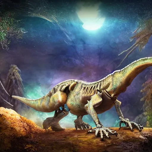 Image similar to a dinosaur skeleton on a quartz cracked geode, iridescent colors, fairy atmosphere, matte-painting