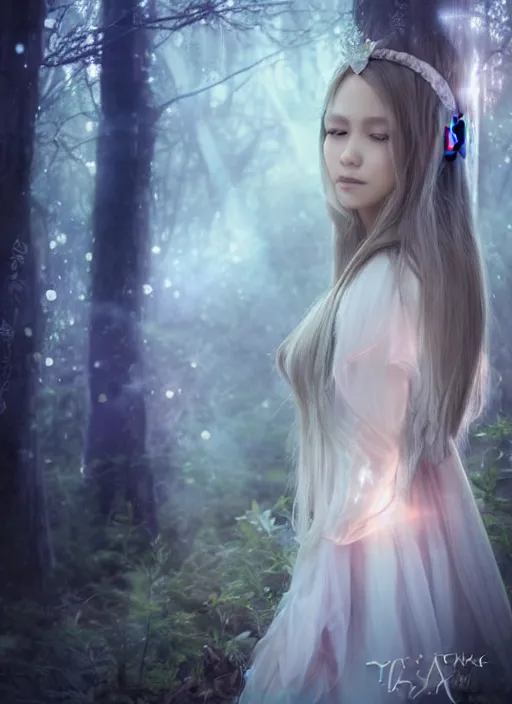 Image similar to beatiful ethereal elf princess in an enchanted forest, 3/4 side view, hair jewellery, fully clothed, light mist, light rays sieving through the trees, shallow depth of field, focus on the face, coherent composition, by Yuumei, by Artgerm, by WLOP