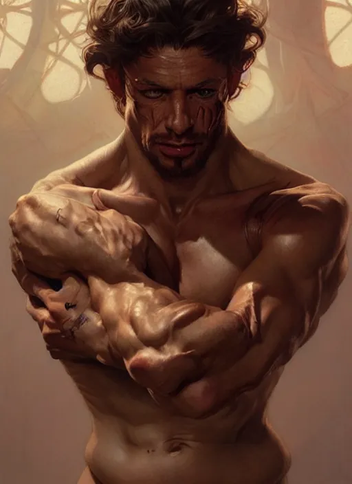 Image similar to Portrait of a man, scarred! D&D, muscular, fantasy, intricate, elegant, highly detailed, digital painting, artstation, concept art, smooth, sharp focus, illustration, art by artgerm and greg rutkowski and alphonse mucha