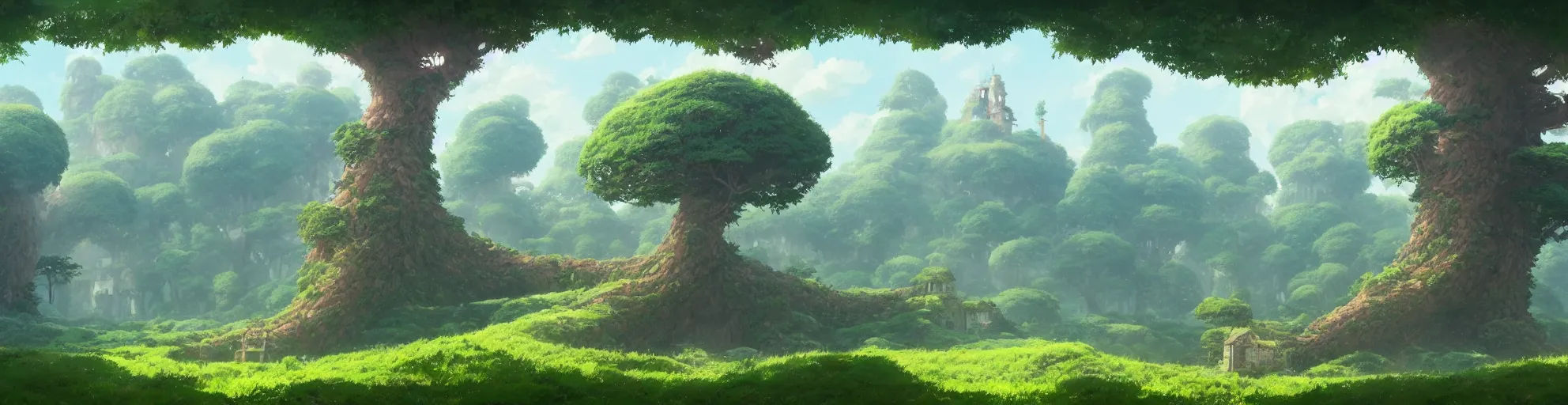 Prompt: A panorama landscape of oversized love tree, Studio Ghibli, abandoned castle in the sky, animated, anime, illustrated, vibrant, overgrown, by Greg Rutkowski, dungeons and dragons on artstation