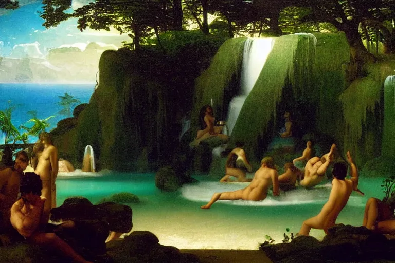 Image similar to The waterfall chalice, refracted moon sparkles, thunderstorm, greek pool, beach and Tropical vegetation on the background major arcana sky and occult symbols, by paul delaroche, hyperrealistic 4k uhd, award-winning, very detailed paradise