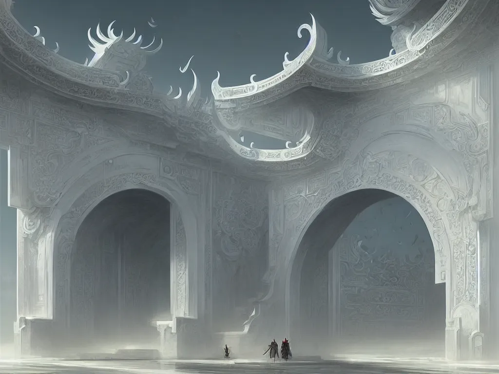 Image similar to circular gate in a white wall, leading to heaven. chinese architecture. fantasy. detailed. smooth. sharp focus. trending on artstation. artist greg rutkowski.