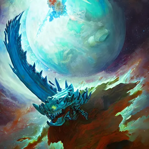 Image similar to prompt crystalline blue dragon eating a planet, space, planets, moons, sun system, nebula, oil painting, by Fernanda Suarez and and Edgar Maxence and greg rutkowski