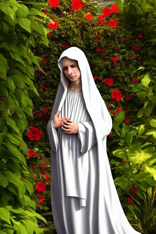 Prompt: a highly detailed and realistic photo of the virgin mary cosplay on a garden, artstation, 4 k, correctly anatomy, good light