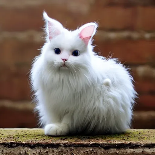 Prompt: A cross between a cute cat and a fluffy bunny , photograph