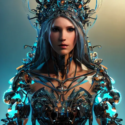 Prompt: beautiful female evil cyborg druid android queen, made of glass, bright glowing veins, in clouds, ultra realistic, concept art, intricate details, serious, highly detailed, photorealistic, octane render, 8 k, unreal engine, art by todd mcfarlane and artgerm and greg rutkowski and alphonse mucha