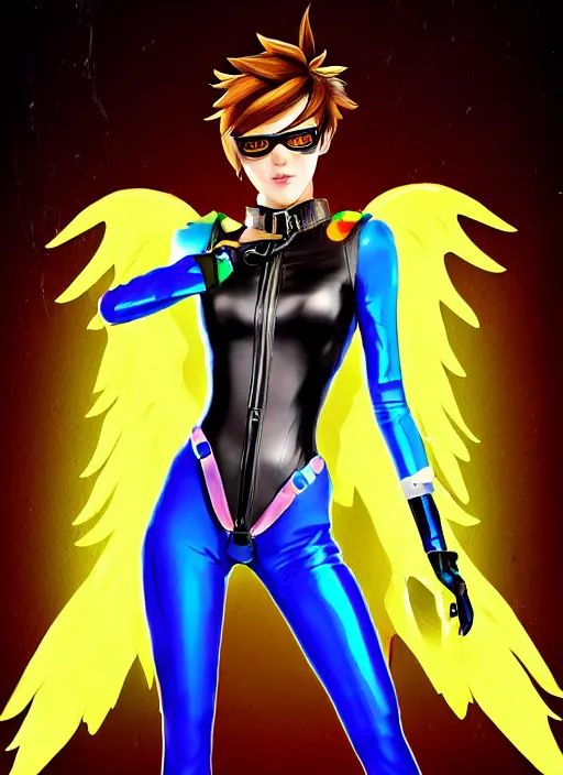 Image similar to portrait digital artwork of tracer overwatch, wearing iridescent rainbow latex and leather straps catsuit outfit, in style of mark arian, angel wings, dramatic painting, wearing detailed leather collar, chains, black harness, detailed face and eyes,