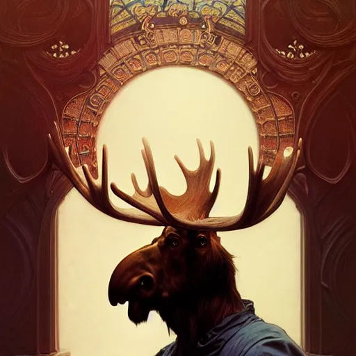 Prompt: Portrait of moose wearing an anonymous mask, fantasy, intricate, elegant, highly detailed, digital painting, artstation, concept art, smooth, sharp focus, illustration, art by Krenz Cushart and Artem Demura and alphonse mucha