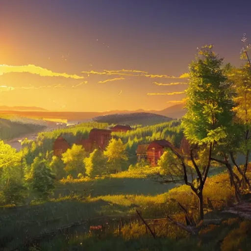 Image similar to a masterpiece detailed beautiful russian village, trees, lake, mountains, golden hour, sunset, by Makoto Shinkai