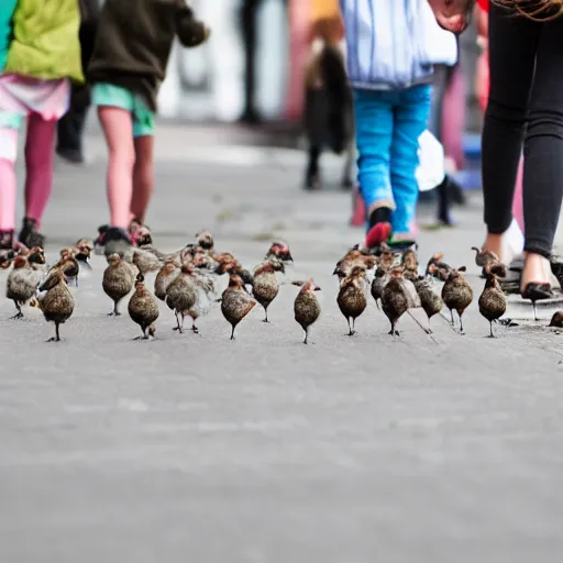 Prompt: a flock of sparrows following a little girl walking on the street