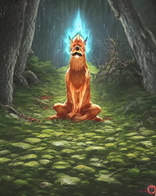 Prompt: a kooiker dog meditating in the woods, nine tails, magic the gathering artwork, D&D, fantasy, cinematic lighting, centered, symmetrical, highly detailed, digital painting, artstation, concept art, smooth, sharp focus, illustration, volumetric lighting, epic Composition, 8k, art by Akihiko Yoshida and Greg Rutkowski and Craig Mullins, heroic pose, oil painting, cgsociety, Tree Woodland atmosphere