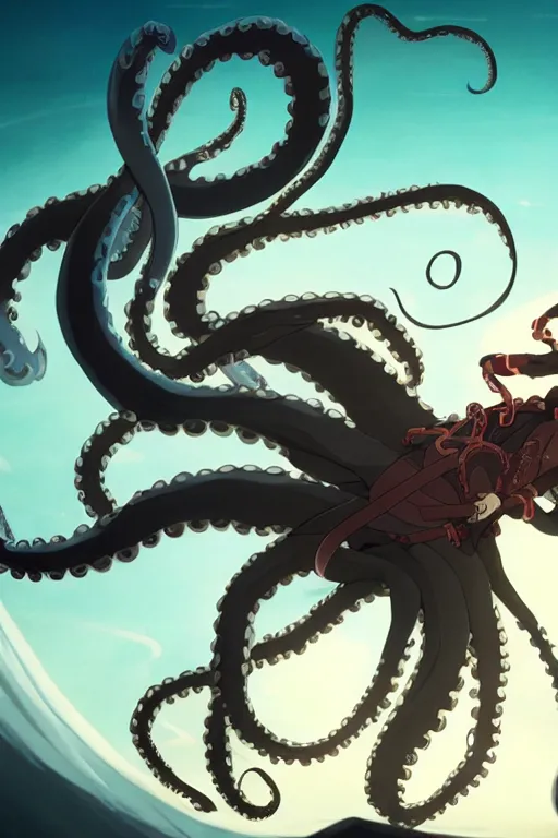 Image similar to key anime visuals of an octopus ninja, fighting with a katana. highly detailed, intricate, directed by makoto shinkai, anime manga style, trending on art station.