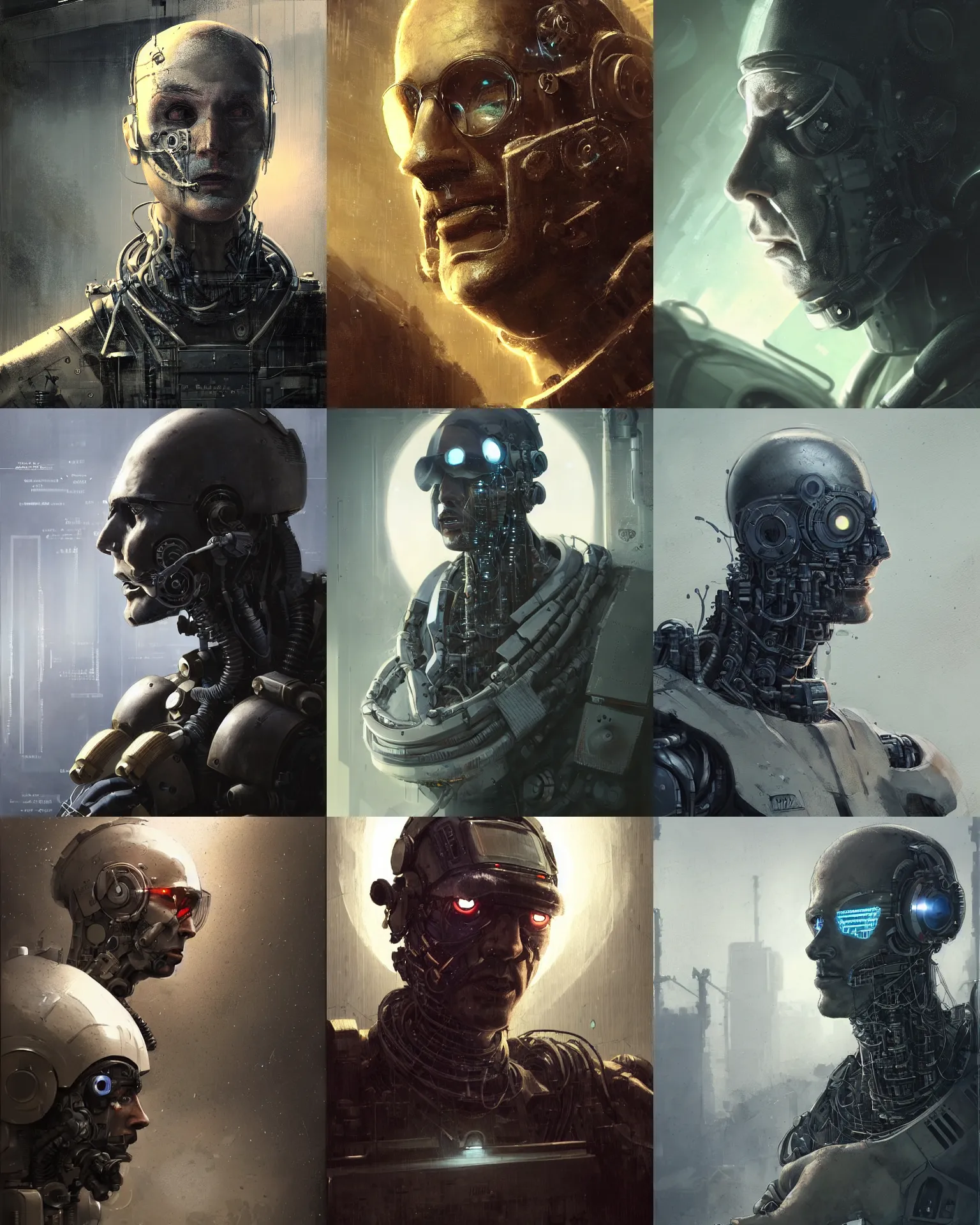 Prompt: a half - masked rugged laboratory engineer man with cybernetic enhancements as seen from a distance, scifi character portrait by greg rutkowski, esuthio, craig mullins, 1 / 4 headshot, cinematic lighting, dystopian scifi gear, gloomy, profile picture, mechanical, half robot, implants, atompunk
