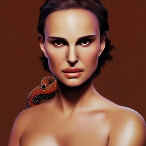 Image similar to Natalie Portman mixed with a snake, very detailed, ultrarealistic, dramatic lighting, electrical details, high details, 4k, 8k, best, accurate, trending on artstation, fur, artstation, photorealism, ultrarealistic, digital painting, style of frank frazetta