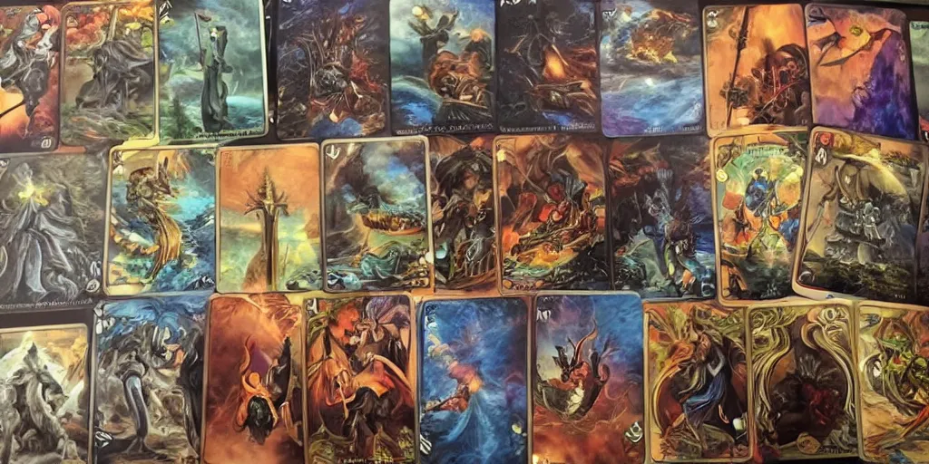 Image similar to impressive card shuffling, mtg, tarot reading, oil painting