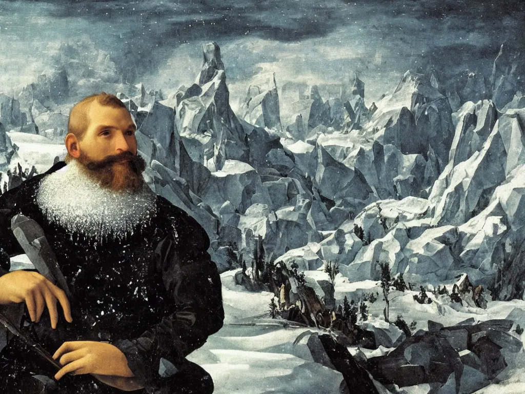 Prompt: Close up of a dreamy man, frozen, with icicles in his beard. Landscape with snowstorm, forlorn rocks, icicles, crooked forest, dark clouds, snowcapped mountains in the background. Painting by Lorenzo Lotto.