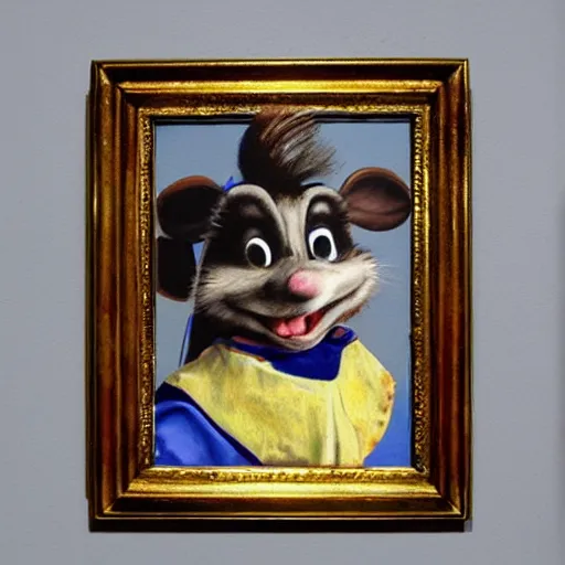 Image similar to realistic painting of chuck e. cheese, in the style of johannes vermeer