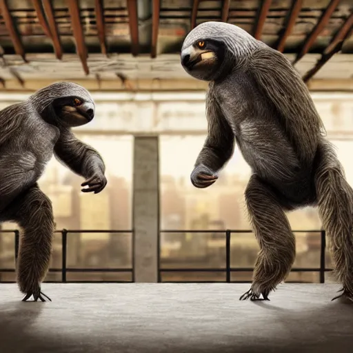 Image similar to sloth fighting a pigeon kung fu style s in a dojo, facing each other, aggressive sloth vs a muscled pigeon, best photo award, high quality 8 k, cinematic lighting, painting by kusama