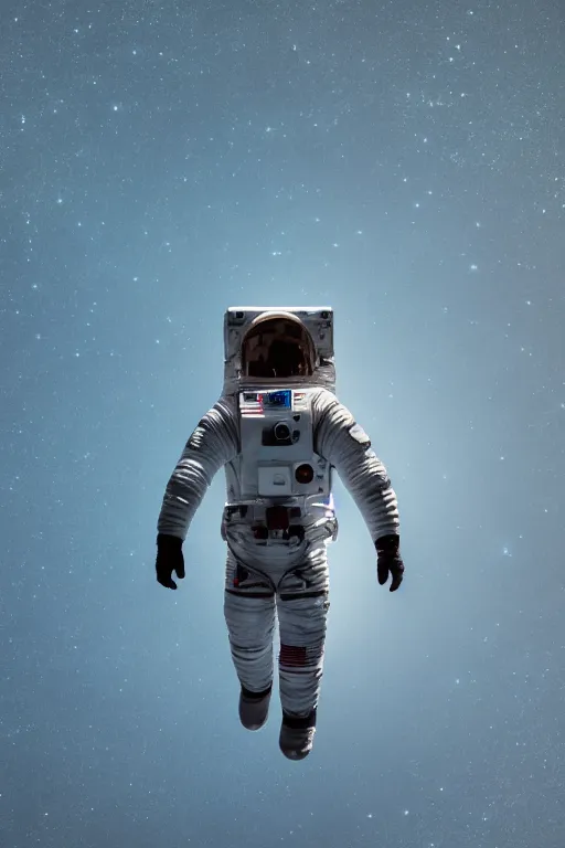 Image similar to a bottom view of a walking astronaut, photography, out - space background, cinematic lighting, 8 k