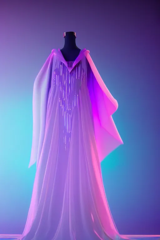 Prompt: crystal synthwave gown with cape, magical, octane render, hyper realistic