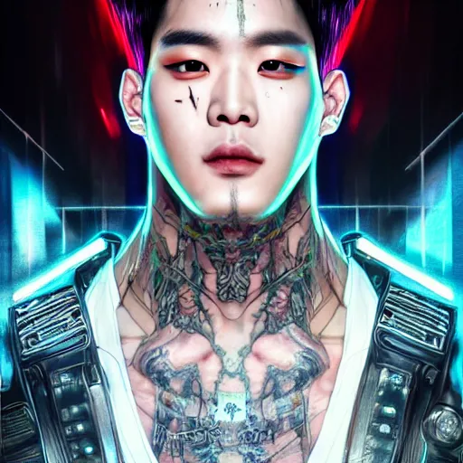 Prompt: portrait painting of a cyberpunk jackson wang from got 7 with a z tattooed on his forehead, ultra realistic, concept art, intricate details, eerie, highly detailed, photorealistic, octane render, 8 k, unreal engine. art by artgerm and greg rutkowski and magali villeneuve and alphonse mucha