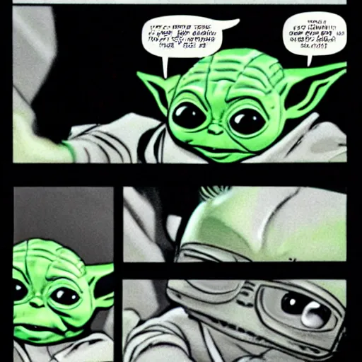 Image similar to baby yoda reading a Cyberfrog comicbook