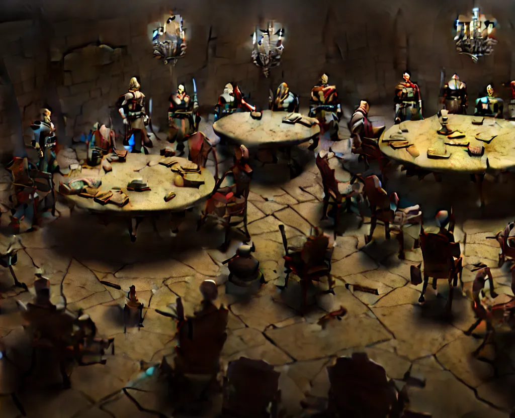 Image similar to the forbidden underground meetings of the traitors, a dimly lit stone room, some old chairs, all traitors are standing around a roundtable debating how to kill the king, cinematic landscape, betrayal in the air, octane render, artstation