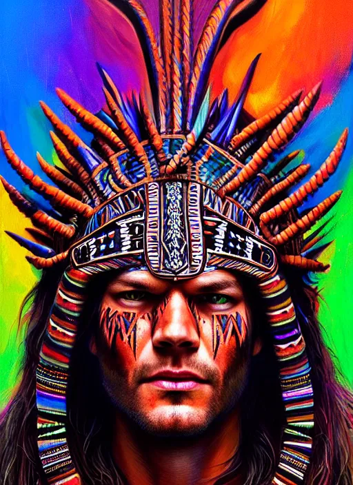 Image similar to portrait of jared padalecki, hyper detailed ultra sharp aztec shaman warrior. trending on artstation, warpaint aesthetic, bloodwave, colorful, psychedelic, ornate, intricate, digital painting, concept art, smooth, sharp focus, illustration, art by artgerm and greg rutkowski and h. r. giger, 8 k