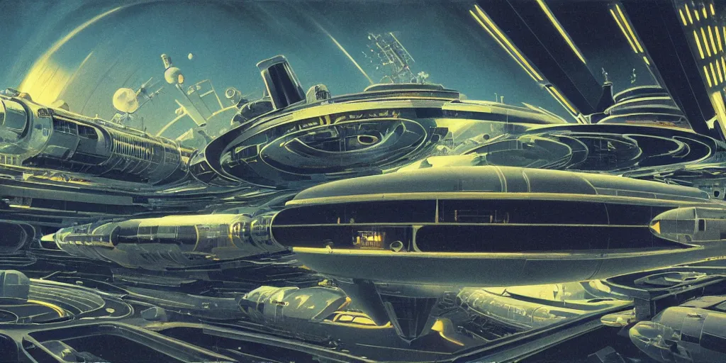 Prompt: highly detailed matte painting of a deep space station by syd mead , john berkley and john harris, intricate, casette futurism, industrial feel