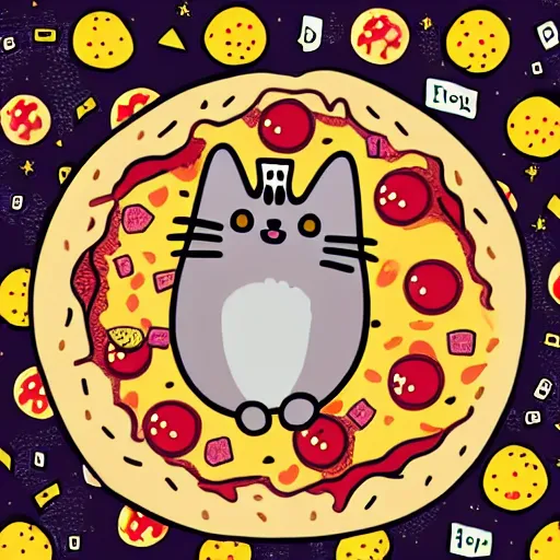 Image similar to a cartoon of pusheen the cat dressed up as a pizza, illustrated by claire belton and andrew duff