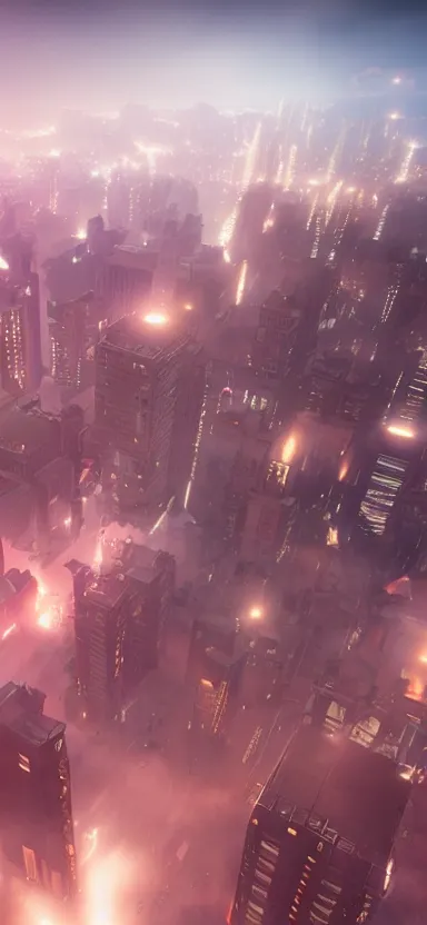 Image similar to unreal engine 5 render of a city with lasers coming out of the clouds, digital art ”