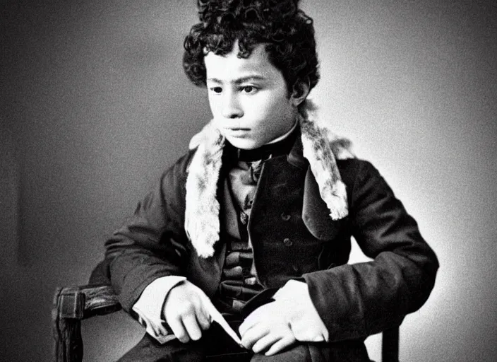 Image similar to professional fine detailed photo portrait of young alexander pushkin from makhachkala, dagestan. kid alexander pushkin in the postsoviet suburbia, iphone photo, instagram, black and white