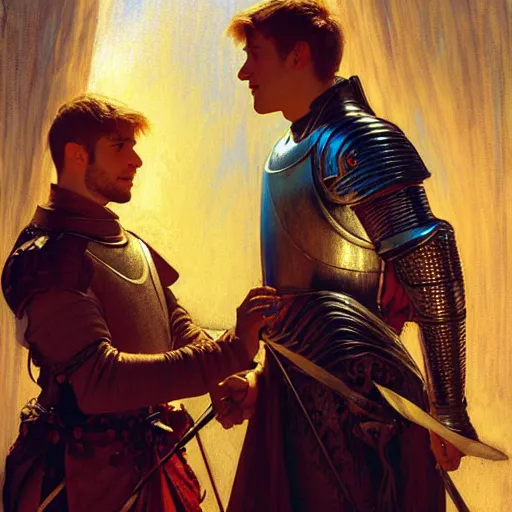 Image similar to arthur confesses his love for lancelot! dream attractive arthur pendragon and his attractive male knight, they are in love, natural lighting, path traced, highly detailed, high quality, digital painting, by gaston bussiere, craig mullins, alphonse mucha j. c. leyendecker