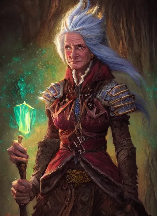 Image similar to old lady, ultra detailed fantasy, dndbeyond, bright, colourful, realistic, dnd character portrait, full body, pathfinder, pinterest, art by ralph horsley, dnd, rpg, lotr game design fanart by concept art, behance hd, artstation, deviantart, hdr render in unreal engine 5