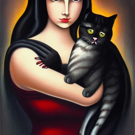 Prompt: a painting of a woman holding a cat, an airbrush painting by mark ryden, deviantart, gothic art, gothic, goth, tarot card